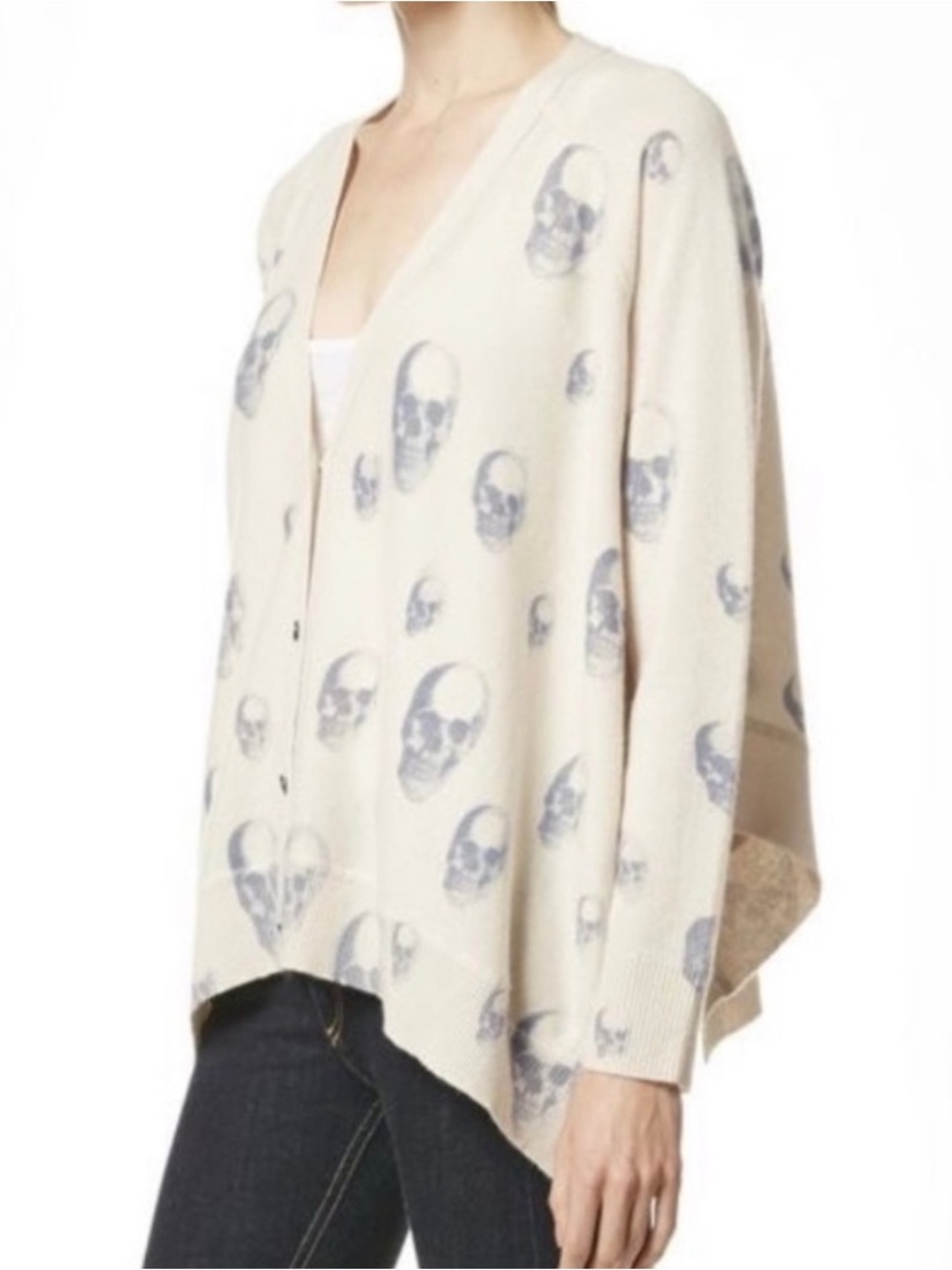 Skull Cashmere Cream Swing Cardigan with Gray Skull Print in M
